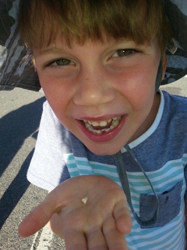 No more wiggling for this one! The first tooth, lost while swimming