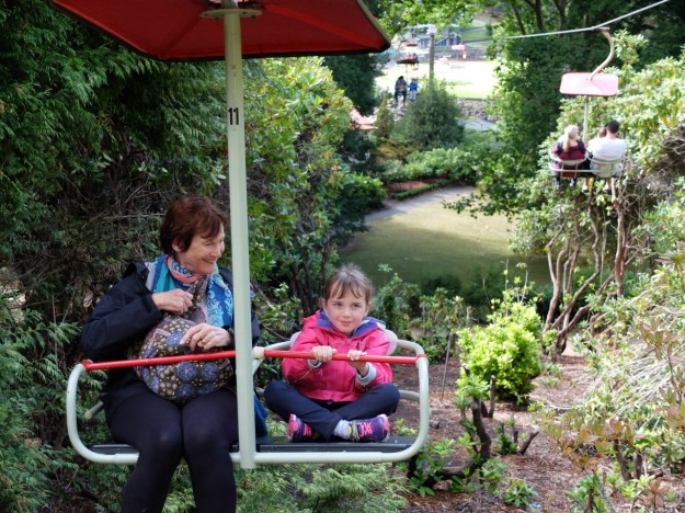 Crossing the river on the chairlift, starting to rack up chairlift rides like ice-creams!
